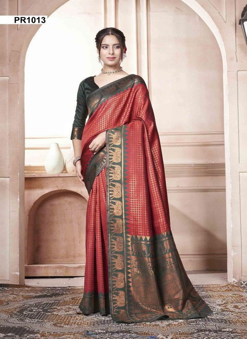 Red And Green Colour Preeti By 3 Of Kubera Pattu Kanjivaram Silk Sarees Surat Wholesale Market PR1013