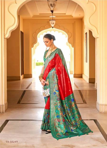 Red And Green Colour Swastik By Trirath Function Wear Designer Paithini Super P V Silk Saree Manufacturers 10249