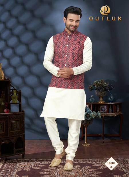 Red And Off White Colour Outluk Wedding Lucknowi Vol 10 Mens Wear Modi Jacket Kurta Pajama Wholesale Online 10002