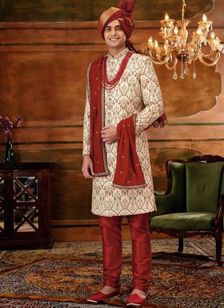 Red And Off White Colour Designer Exclusive Wear Wholesale Sherwani Catalog 1034