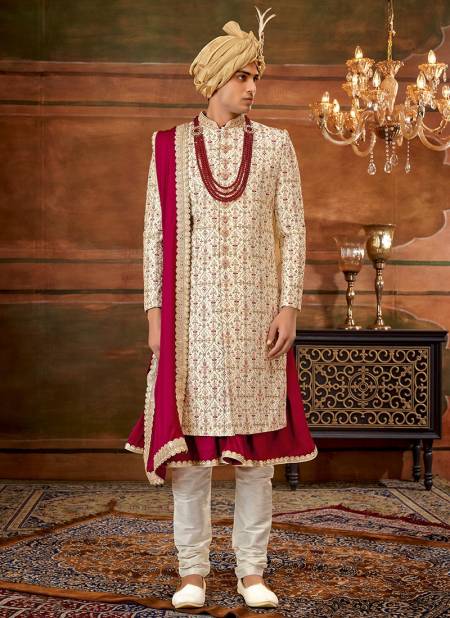 Red And Off White Colour Heavy Wedding Wear Wholesale Sherwani Catalog 1011