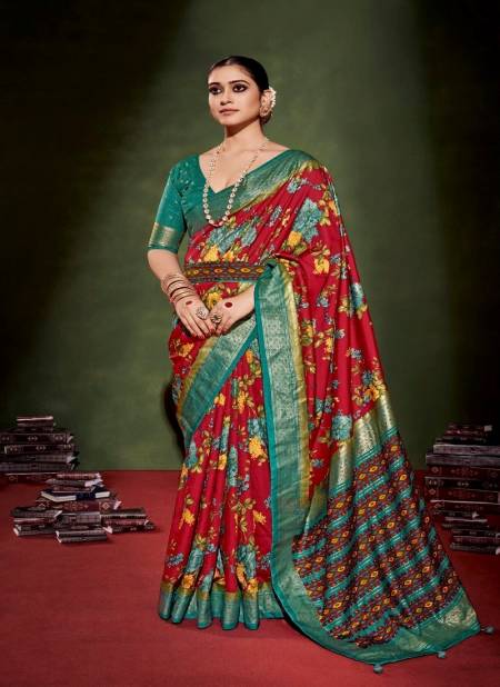 Red And Rama Colour Anusharam By Shubh Shree Velvet Tussar Silk Designer Saree Catalog 1009