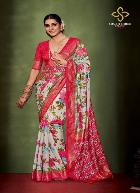 Red And White Colour Anusharam By Shubh Shree Velvet Tussar Silk Designer Saree Catalog 1008