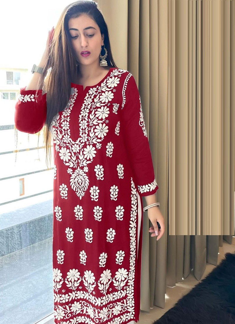 Red And White Colour Jenu By Rasili Nx Chicken Kari Rayon Cotton Kurti With Bottom Wholesalers In India 4005