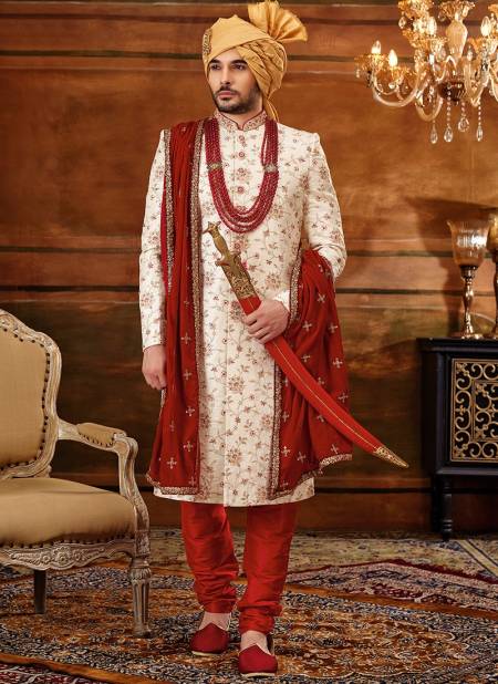 Red And White Colour Designer Exclusive Wear Wholesale Sherwani Catalog 1024