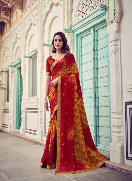 Red And Yellow Colour Nirjala By Vipul Georgette Printed Daily Wear Sarees Wholesale market In Surat 75510