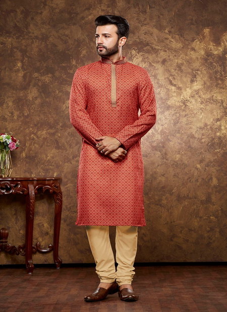 Red Colour 1633 Occasion Mens Wear Poly Cotton Printed Kurta Pajama Surat Wholesale Market 1633-4