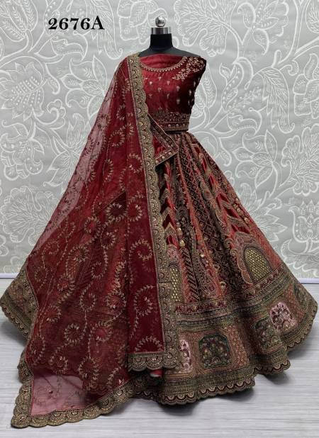 Red Colour 2676 A and 2676 B by Anjani Art Heavy Velvet Bridal Wear Lehenga Choli Exporters In India 2676 A