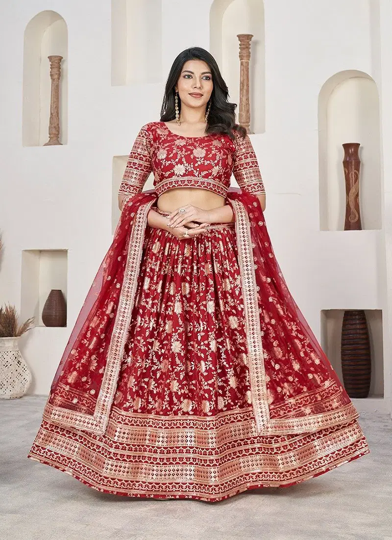 Red Colour Aalisha Vol 1 By Aawiya Dola Jacquard Designer Lehenga Choli Wholesale Online 1011