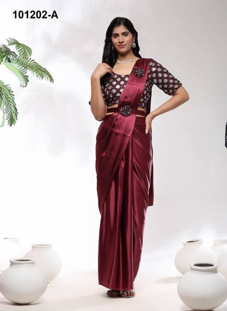 Red Colour Amoha 101202 A TO D Imported Satin Party Wear Readymade Sarees Exporters In India 101202-A