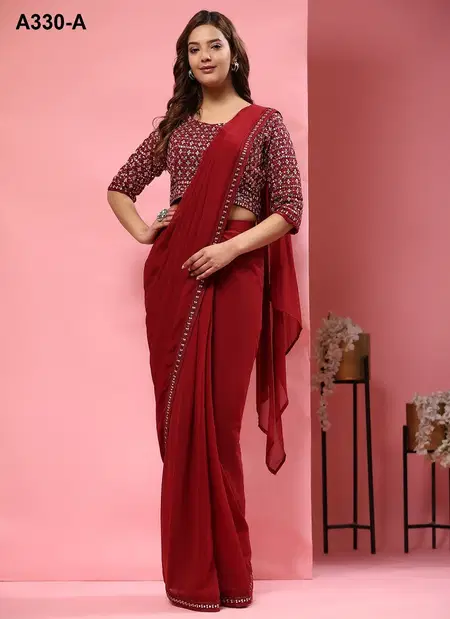 Red Colour Amoha A330 A To E Embroidery Pure Georgette Readymade Saree Wholesalers In Delhi A330-A