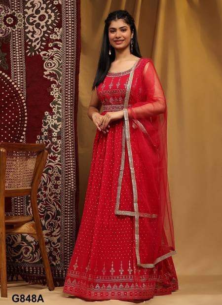 Red Colour Amoha G848 A To C Wedding Readymade Lehenga Choli Exporters In India G848 A