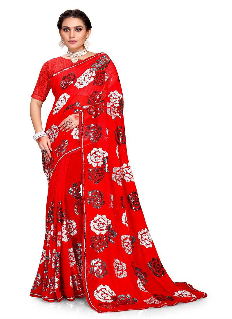 Red Colour Armani By Utsav Nari Georgette Embroidery Saree Orders In India 2361