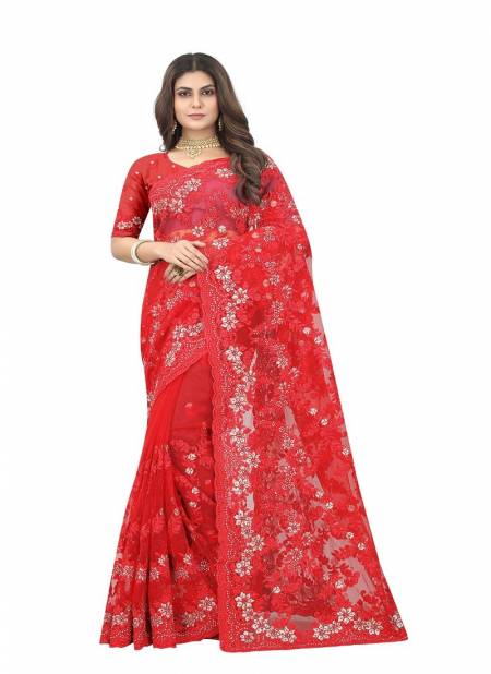 Red Colour Armani By Utsav Nari Net Embroidery Saree Orders In India 2369