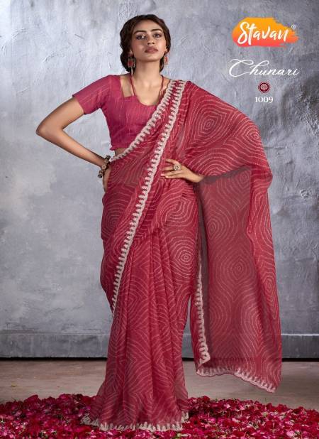 Red Colour Chunri By Stavan Designer Chiffon Embroidery Sarees Wholesale Price In Surat 1009