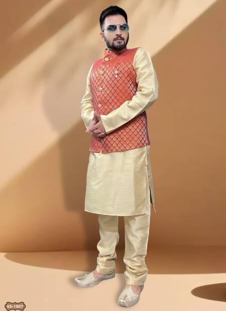Red Colour Function Wear Mens Modi Jacket Kurta Pajama Catalog 1907