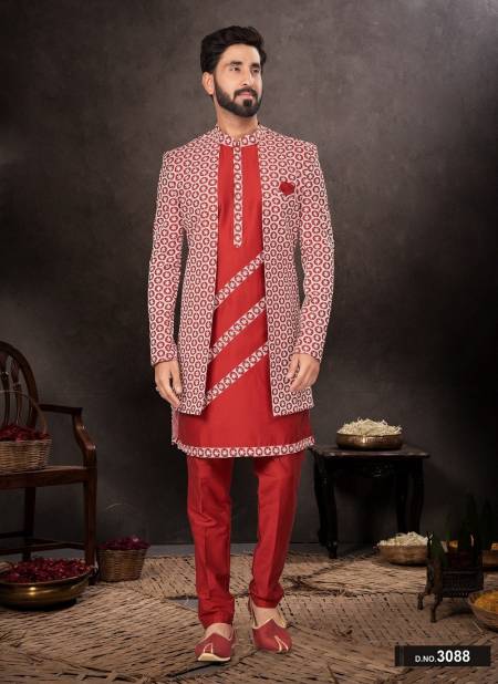 Red Colour GS Fashion Party Wear Mens Designer Indo Western Wholesale Clothing Distributors In India 3088