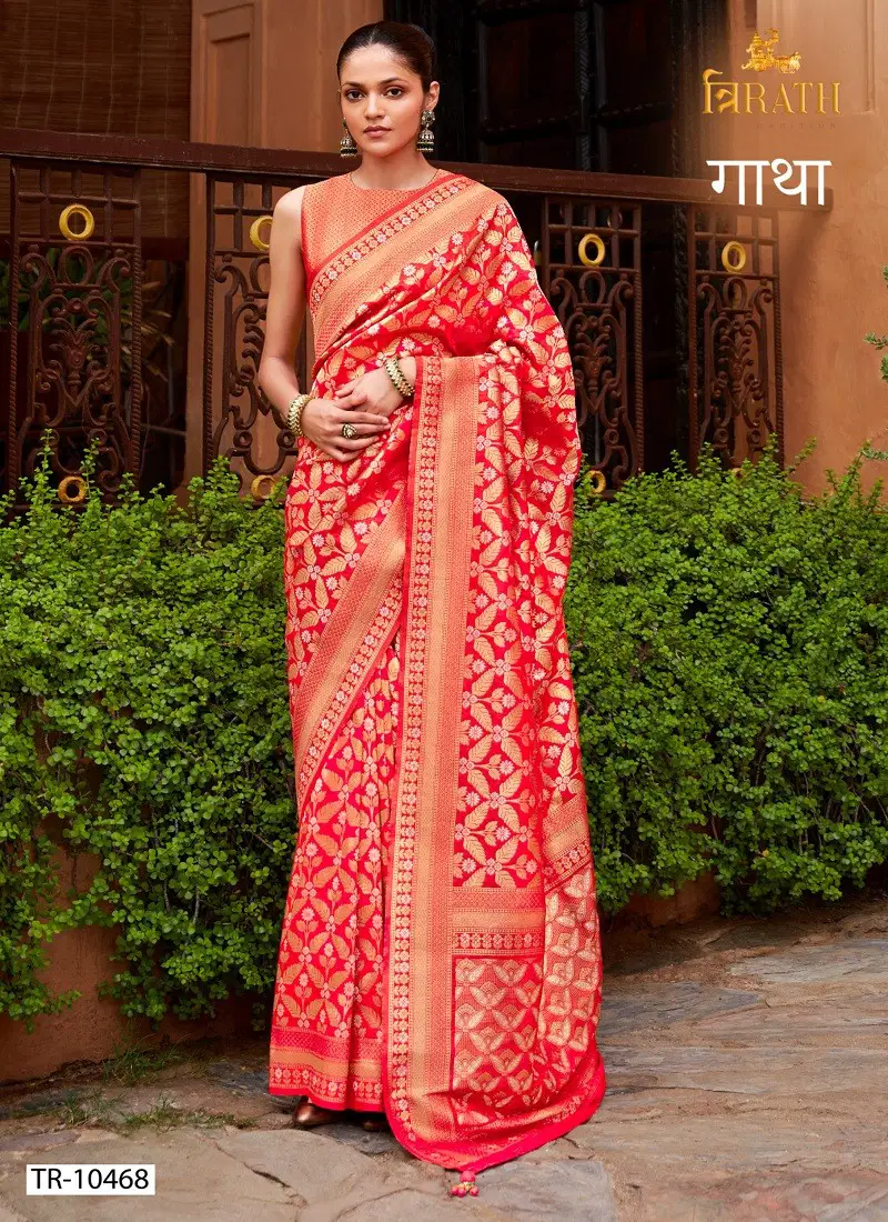 Red Colour Gatha By Trirath Banarasi Silk Wedding Wear Saree Exporters In India TR-10468