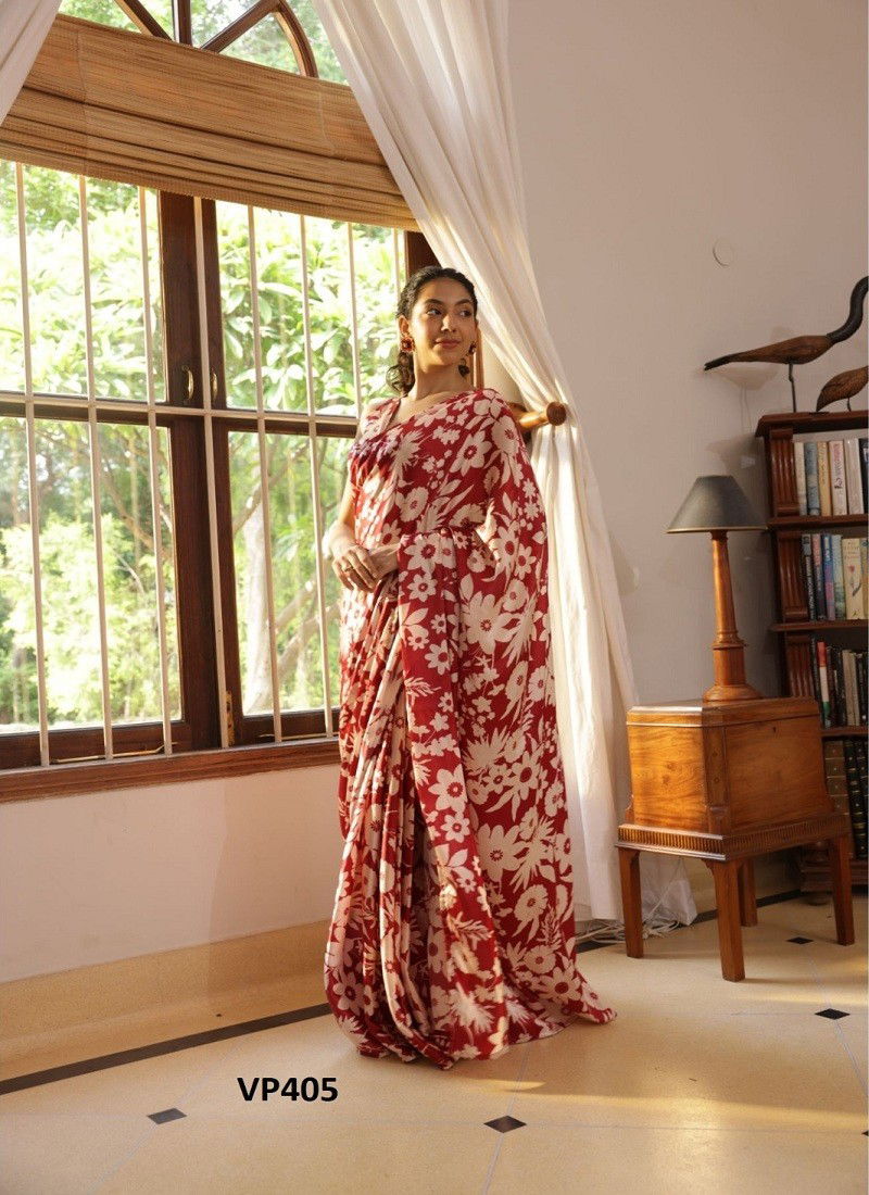 Red Colour Gia By Fashion Berry Nylon Japan Satin Floral Printed Saree Exporters In India VP405