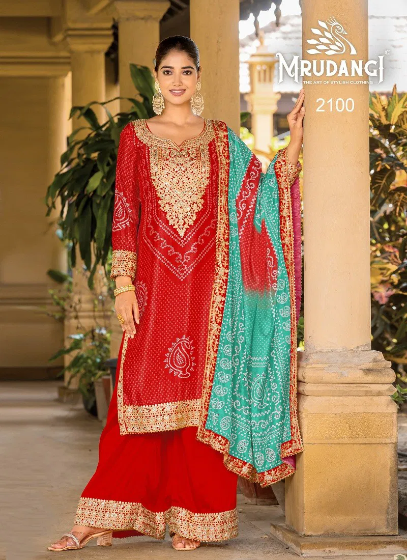 Red Colour Ishani By Mrudangi Printed Chinon Readymade Suits Wholesale Online 2100