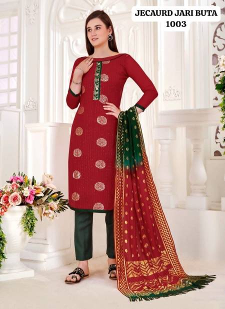 Red Colour Jacquard Jari Butta By Rahul Nx Jacquard With Tai Button Dress Material Catalog 1003