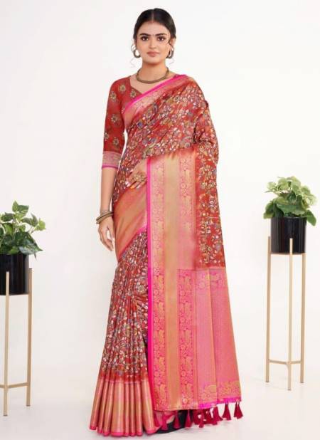 Red Colour Kalamkari Pattu Silk Wholesale Printed Saree Catalog 3005