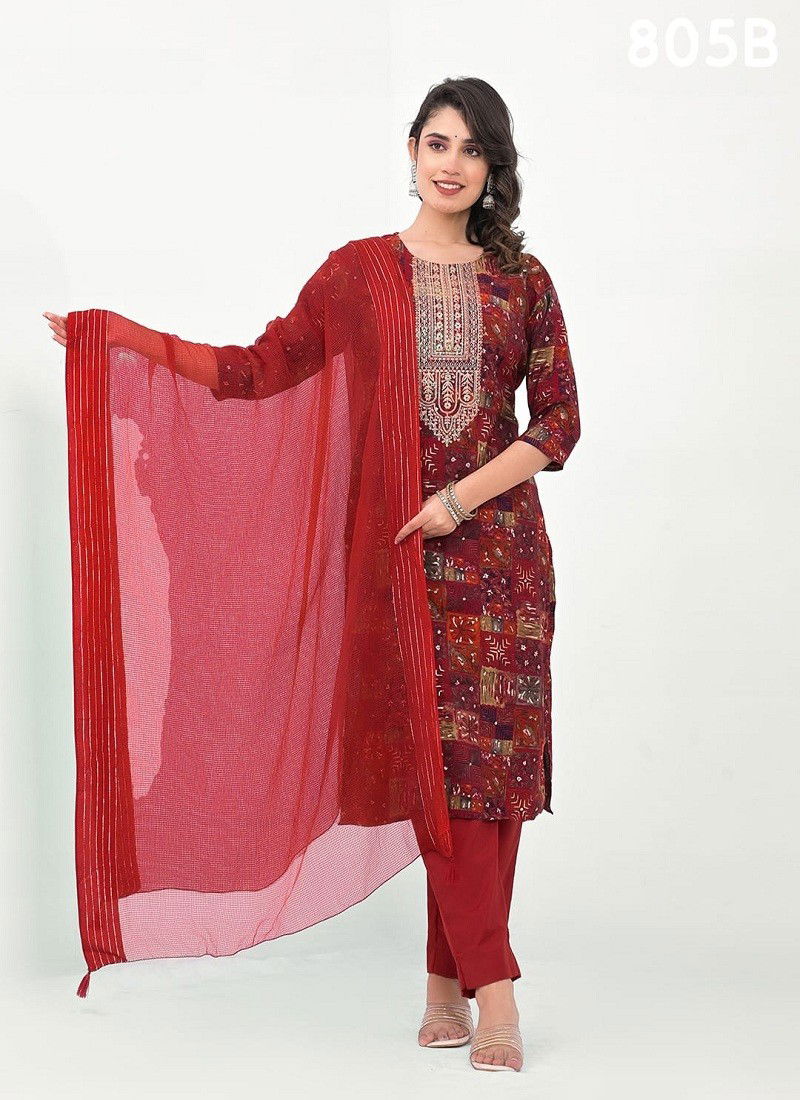 Red Colour Label Khoj 805 A To 805 C Model Kurti With Bottom Dupatta Exporters In India 805B