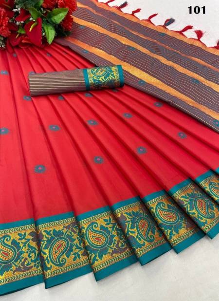 Red Colour M AV 101 TO 108 Series Aura cotton Silk Wear Sarees Wholesale Online 101
