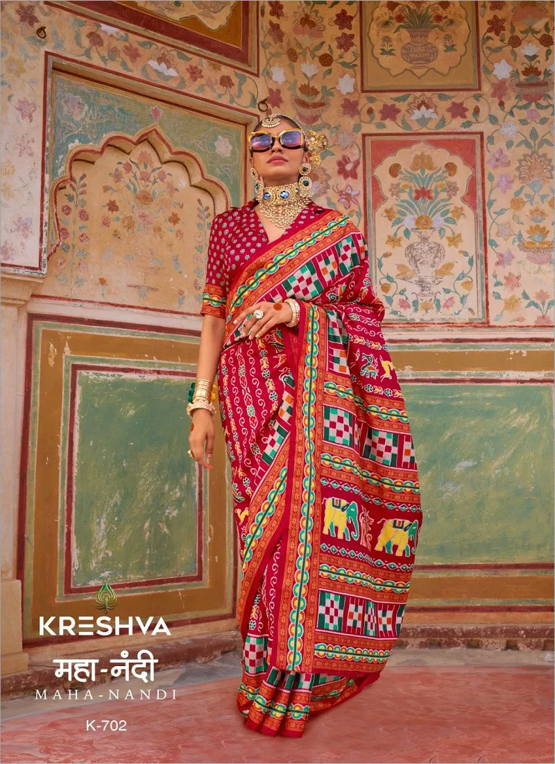 Red Colour Maha Nandi By Kreshva Silk Printed Saree Wholesale In India K-702