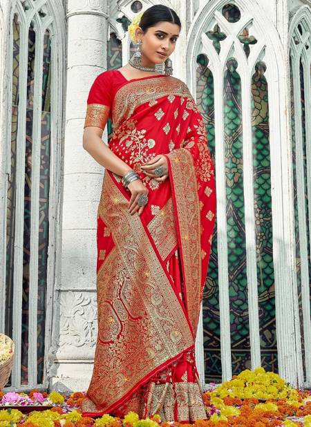 Red Colour Manbhari Sangam Wedding Wear Wholesale Banarasi Silk Sarees Catalog 1004