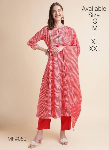 Red Colour Mesmora Heavy Embroidered Printed Cotton Kurti With Bottom Dupatta Surat Wholesale Market MF060