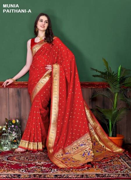 Red Colour Munia Paithani A To J by Murti Nx Printed Silk Surat Saree Wholesale Market Munia Paithani-A