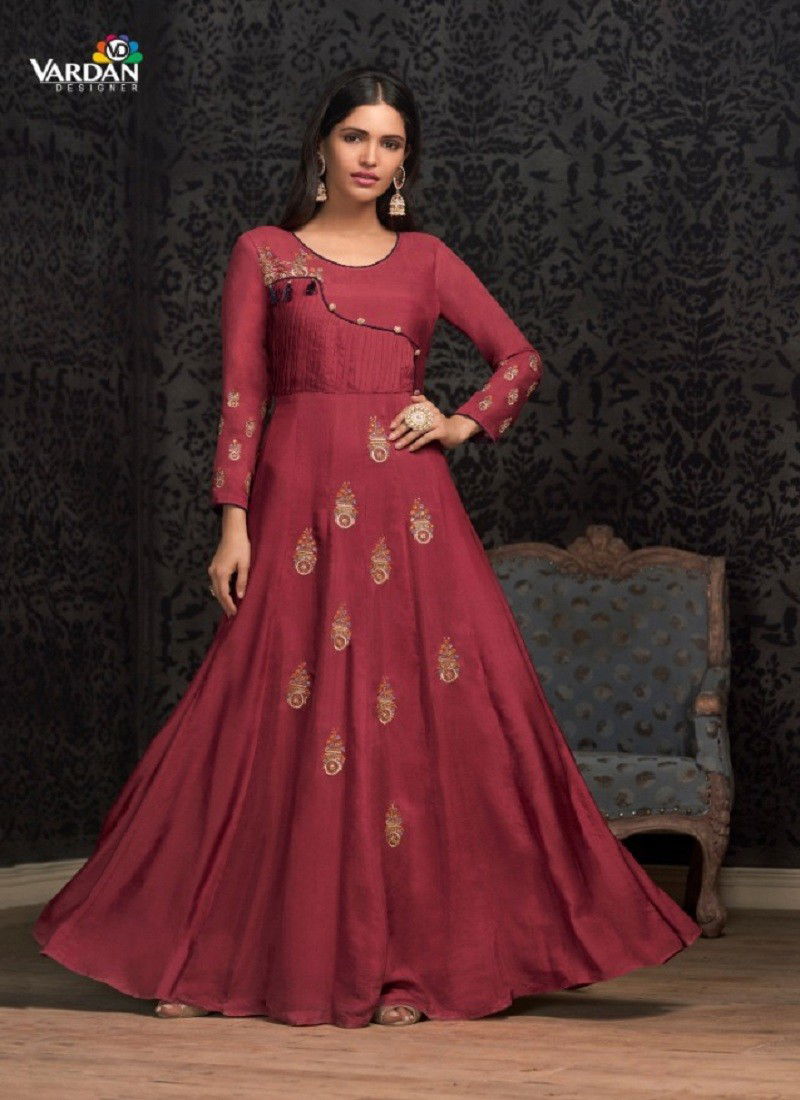 Red Colour Navya Vol 16 By Vardan Maslin Embroidery Gown Wholesale Online 1603