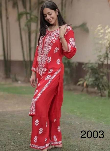 Red Colour Naz By Rasili Nx Heavy Chikankari Embroidery Kurti With Bottom Exporters In India 2003