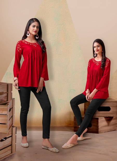 Red Colour Nora Vol 1 By Vardan Rayon Ladies Top Western Catalog 2042