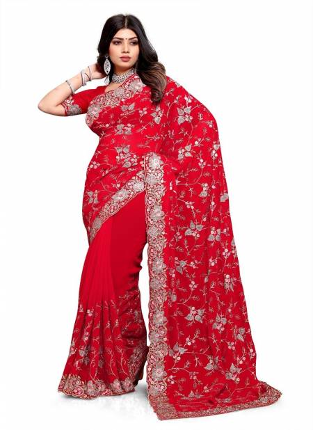 Red Colour Pre Wedding 2221 To 2227 By Utsav Nari Heavy Resham And Jari Embroidery Georgette Party Wear Saree Manufacturers 2223