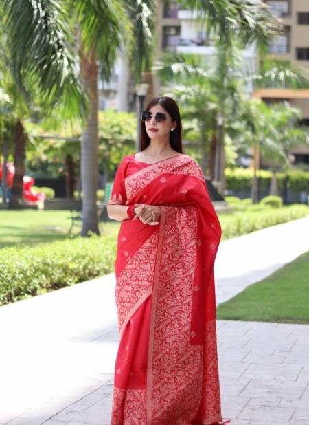 Red Colour RF Veena Handloom Raw Silk Designer Sarees Wholesale Shop In Surat RF27545
