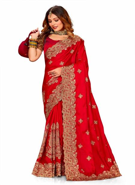 Red Colour Raagsutra By Nari Fashion Satin Embroidery Saree Wholesale Shop In Surat 6922