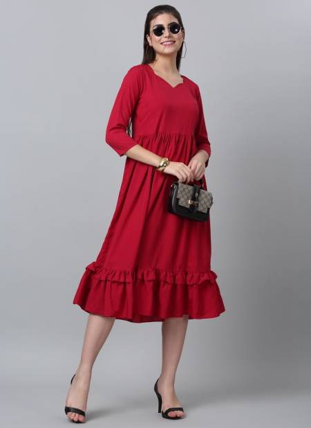 Red Colour Raisin American Crepe Party Wear Western Midi Dress Catalog OLRF0029