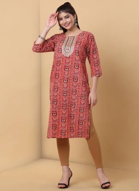 Red Colour Raisin Women's Rayon Embroidered Casual Daily Wear Kurti Catalog OLKUR0009