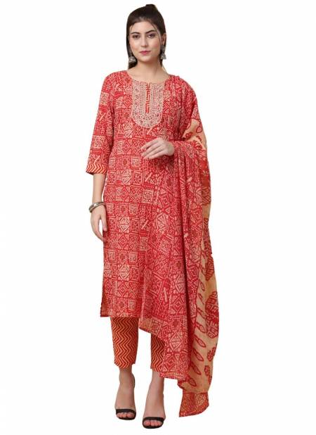 Red Colour Raisin Women's Stylish Cotton Printed Embroidered Kurti Bottom With Dupatta Catalog OLSKD0004