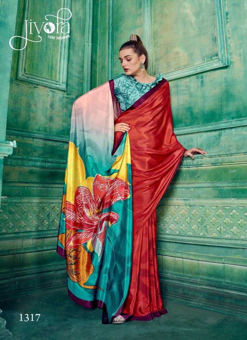 Red Colour Rio By Jivora 1305 to 1318 Crepe Digital Printed Summer Wear Saree Wholesale Price In Surat 1317