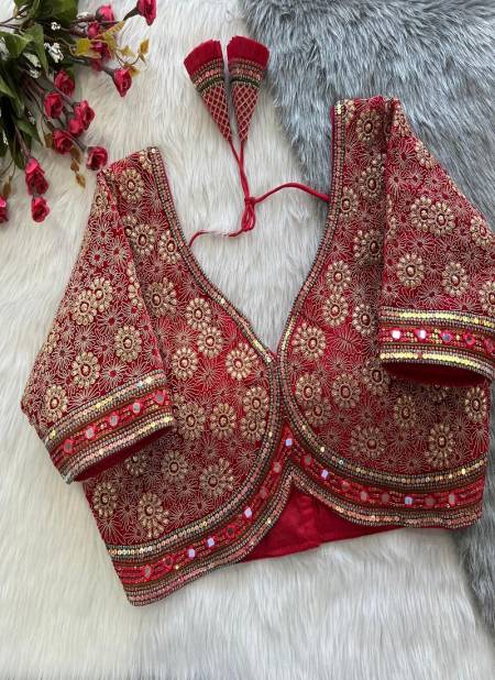 Red Colour Sabyasachi Style Velvet Bridal Handwork Blouse Catalog A
