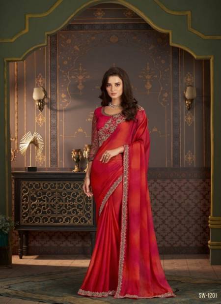 Red Colour Sandalwood Vol 12 By Tfh Chiffon Party Wear Saree Catalog 1201
