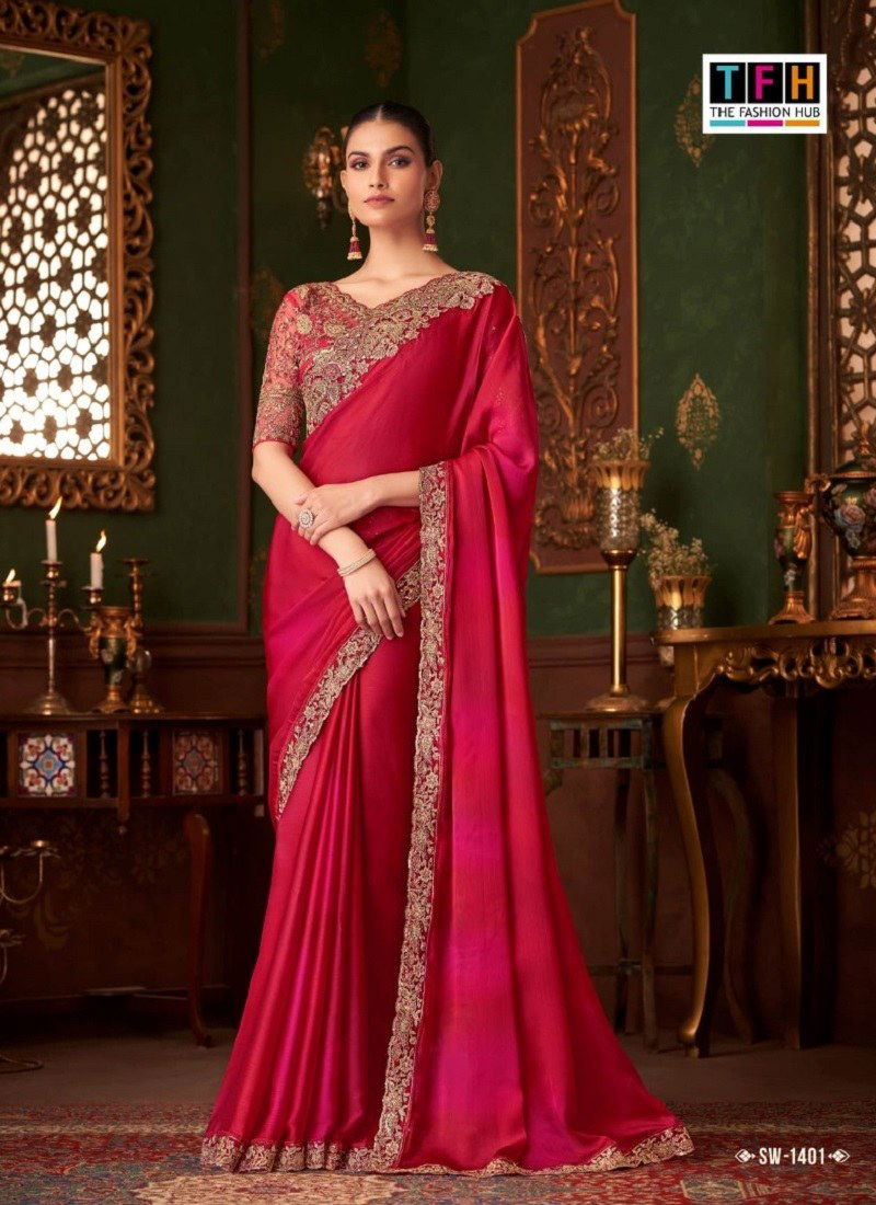 Red Colour Sandalwood Vol 14 By TFH Designer Party Wear Saree Wholesale Online SW 1401