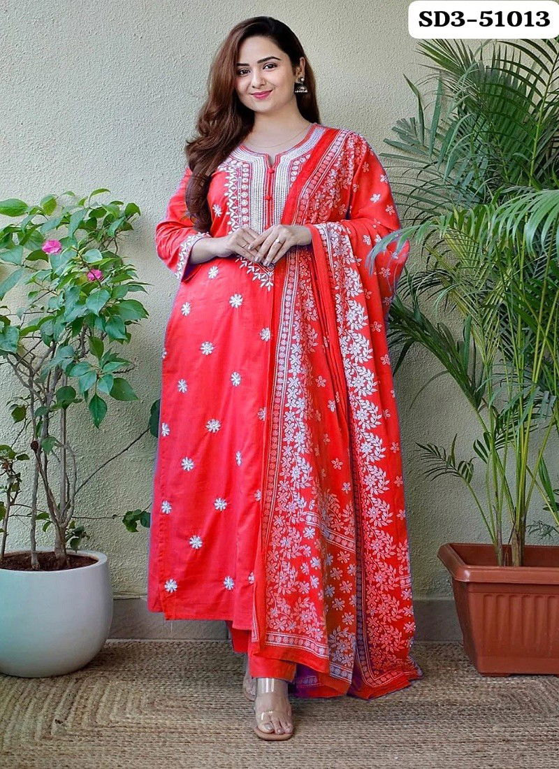 Red Colour Sui Dhaga Vol 3 By Rasili Nx Rayon Cotton Chikankari Embroidery Kurti With Bottom Dupatta orders In India SD3-51013