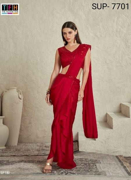 Red Colour Super Star 2 By TFH Fancy Party Wear Designer Saree Exporters In India SUP-7701