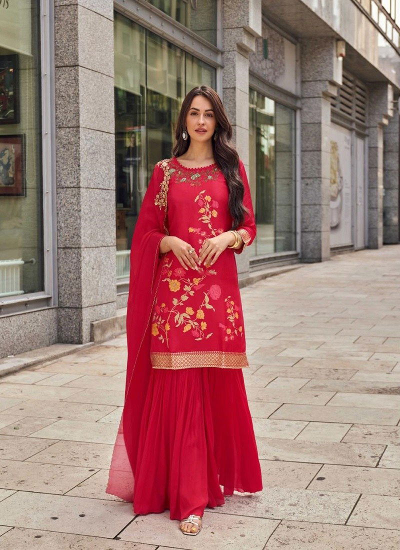 Red Colour Taraa By Sayuri Viscose Jacquard Silk Sharara Readymade Suit Wholesalers In Delhi 5634