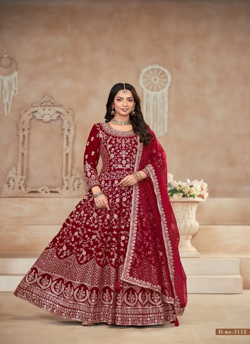 Red Colour Twisha By Twisha Vol 30 Velvet Wedding wear Gown With Dupatta Wholesale Market 3112