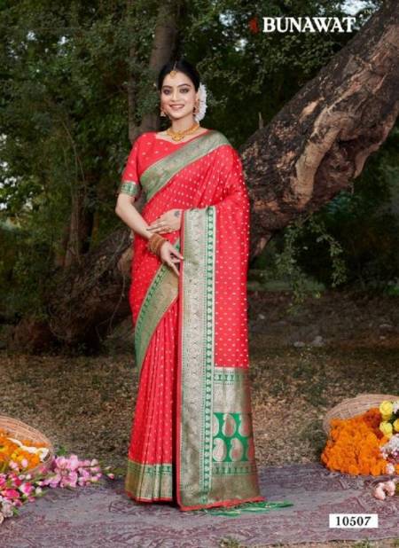 Red Colour Urvashi Silk By Bunawat Banarasi Silk Printed Saree Wholesale Market In Surat With Price 10507